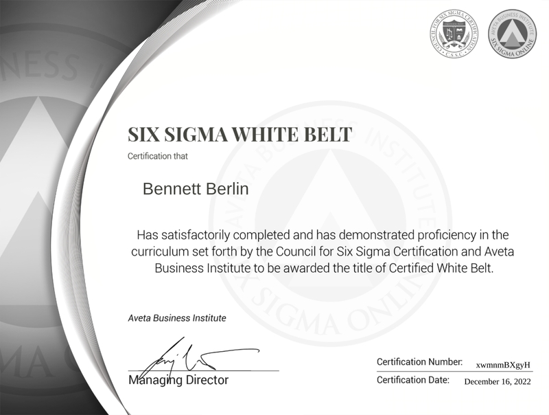 Official Certification Issued Six Sigma White Belt Certification